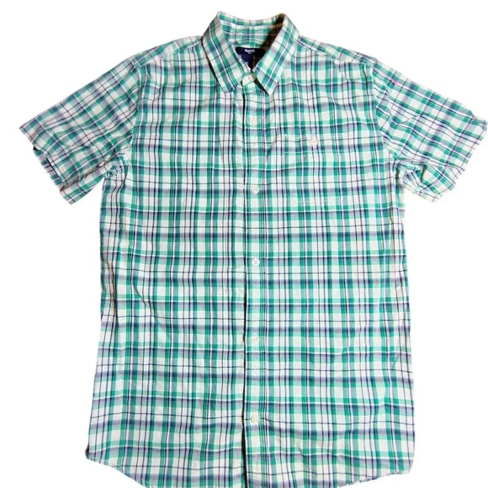 GapKids Boys XXL Short Sleeve‎ Button Up Plaid Shirt Green White Casual